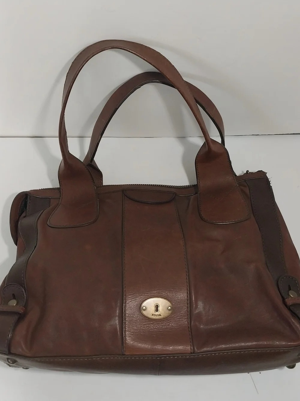 Fossil Brown Leather Unisex Satchel With Key Charm